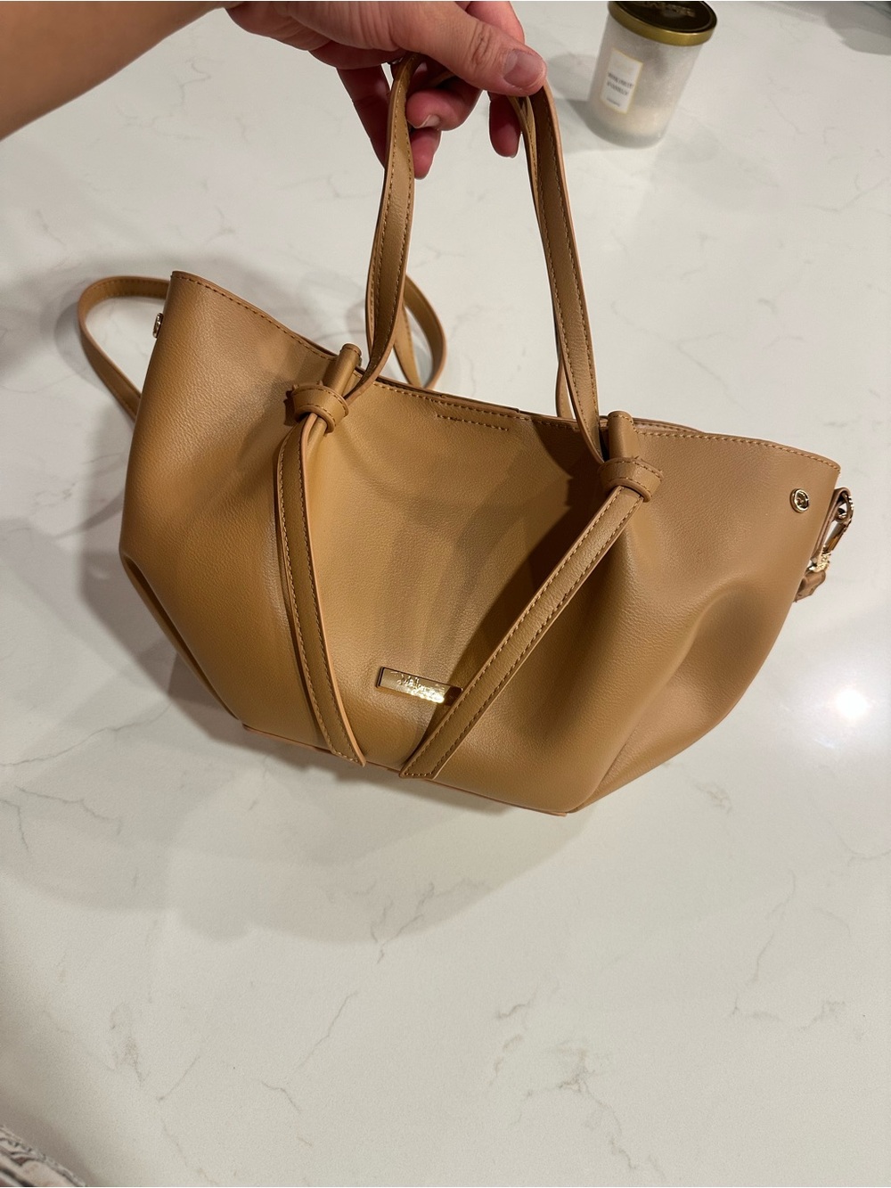 Structured Tan Shoulder Tote with Knotted Strap Detail